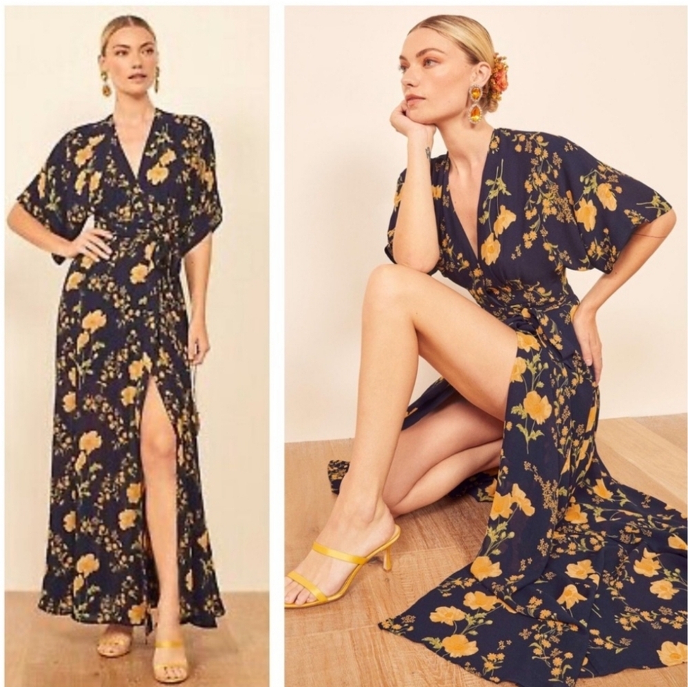 Floral Wrap Maxi Dress in Navy and Yellow